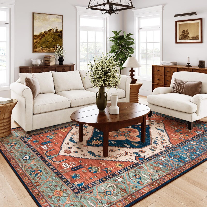 La Home Lahome Area Rugs 9x12 Living Room - Boho Non-Slip Washable Rug Ultra-Thin Stain Resistant Large Carpet Throw Non Shedding Dining Room Mat, Oriental Print Carpet for Bedroom Adelyn (Rust, 9'x12') - Image 1