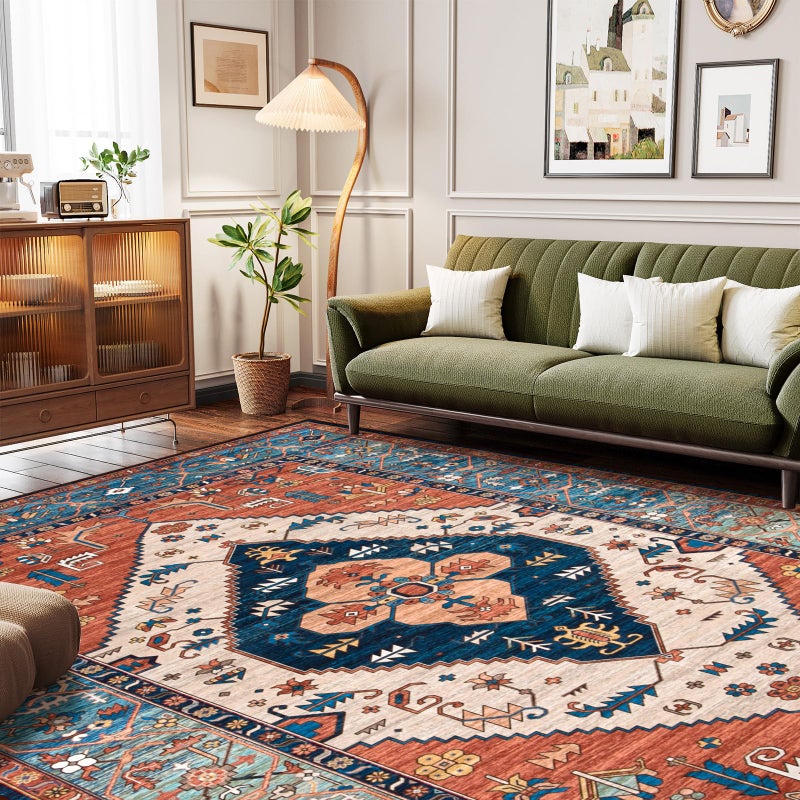 La Home Lahome Area Rugs 9x12 Living Room - Boho Non-Slip Washable Rug Ultra-Thin Stain Resistant Large Carpet Throw Non Shedding Dining Room Mat, Oriental Print Carpet for Bedroom Adelyn (Rust, 9'x12') - Image 2