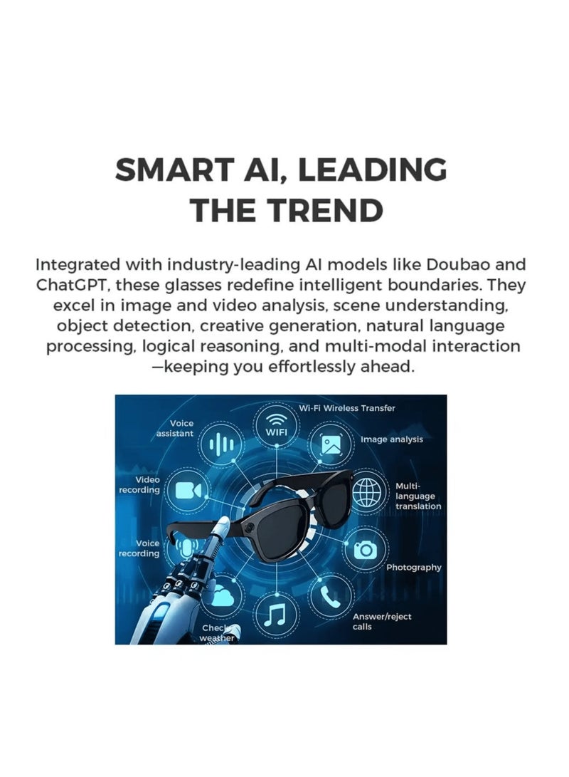 MOCOM M01 Smart AI Glasses 2025 – 500W 4K HD Video Recording, AI Voice Assistant with Real-Time Translation & ChatGPT, ENC Noise Cancelling Stereo Audio, WiFi 5GHz + Bluetooth 5.3 Smart Sunglasses, Anti-Blue Light & UV Protection Lenses, IPX5 Waterproof, 4H Battery, Hands-Free Music & Calls, Smart App Control, Sport, Travel & Daily Wear Unisex Smart Glasses - Image 5