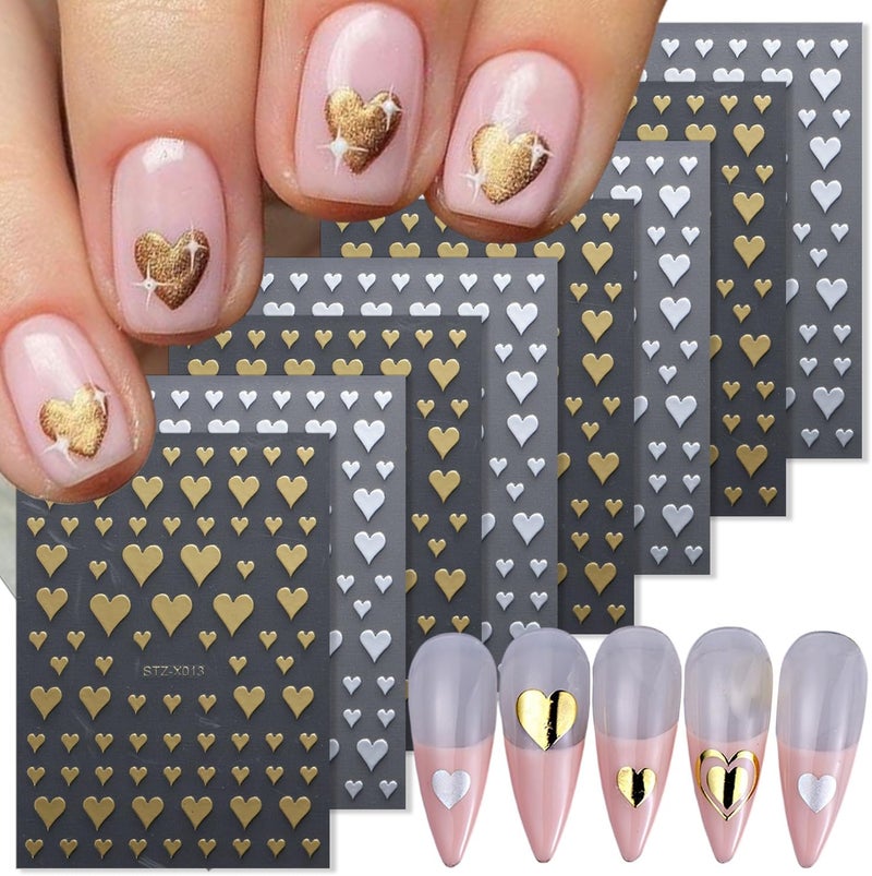 KTAABTR 8 Sheets Heart Nail Art Stickers Decals 3D Self-Adhesive Valentines Day Nail Design Stickers Gold Silvery Heart Nail Decals for Women DIY Manicure Valentines Day Heart Nail Glitter Decoration