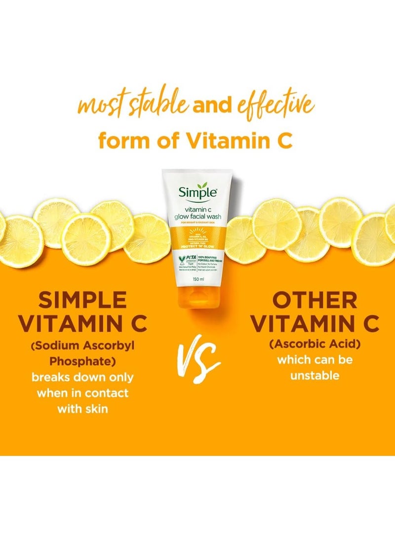 simple Vitamin C Glow Face Wash for Sensitive, Dry & Oily Skin | 100% Soap-Free Gentle Cleanser150ml - Image 2