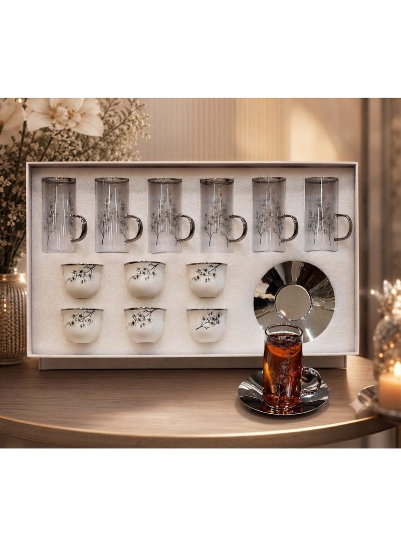 Borosilicate Glass Tea Set with Ceramic Cups and Saucers – 18-Piece Luxury Set for Hosting - Image 1