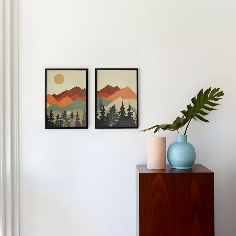 QUOTE - UNQUOTE ART QUOTE UNQUOTE ART Abstract Paintings for Living room Set of 2 Boho Wall Decor Sun and Mountain Minimal Art Frames 13x17 inches Black Frame - Image 5