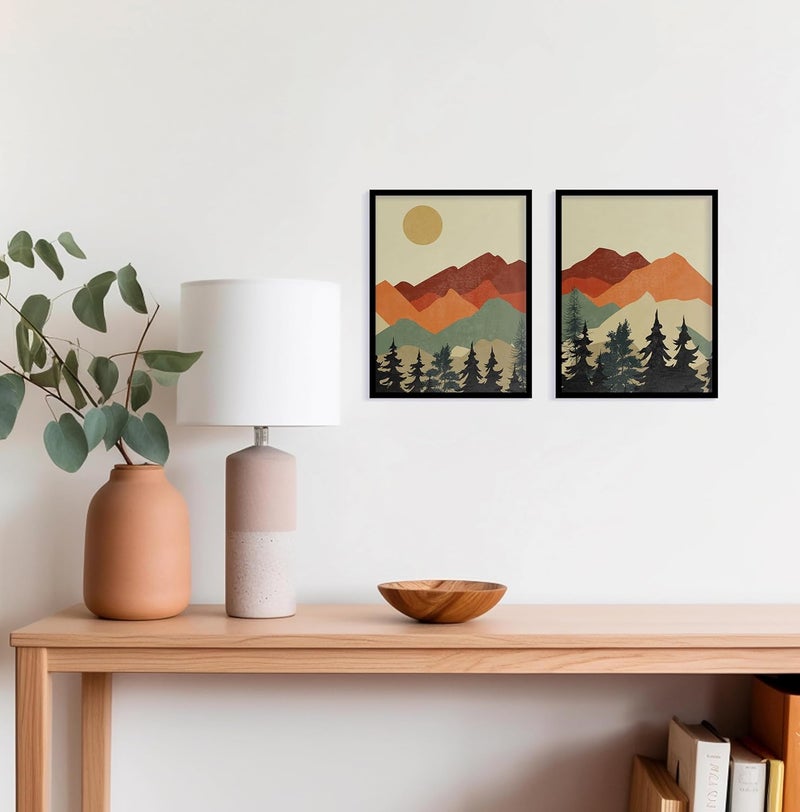 QUOTE - UNQUOTE ART QUOTE UNQUOTE ART Abstract Paintings for Living room Set of 2 Boho Wall Decor Sun and Mountain Minimal Art Frames 13x17 inches Black Frame - Image 3