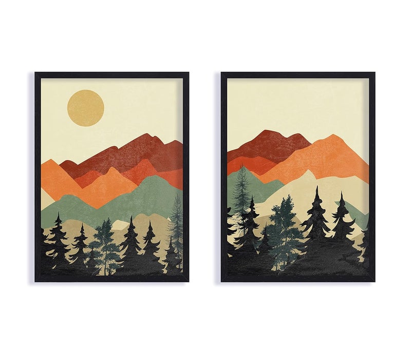 QUOTE - UNQUOTE ART QUOTE UNQUOTE ART Abstract Paintings for Living room Set of 2 Boho Wall Decor Sun and Mountain Minimal Art Frames 13x17 inches Black Frame - Image 2