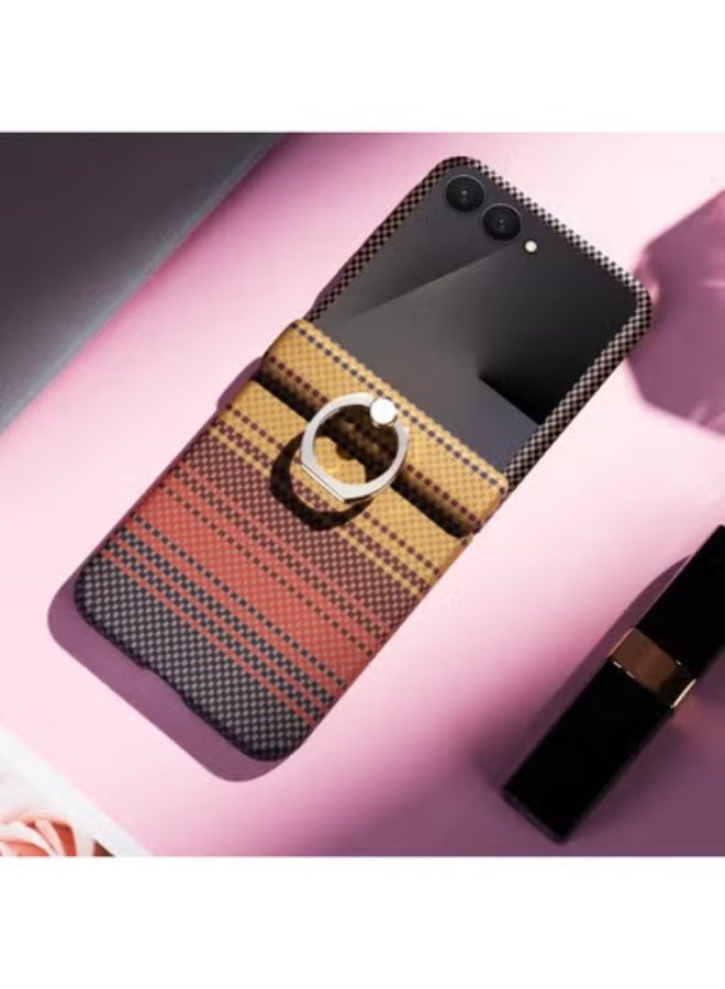 جراب فاخر ذو ملمس مميز مع حامل حلقة معدنية لهاتف Galaxy Z Flip 3 - غطاء حماية قابل للطي فاخر مع حامل حلقة معدنية، بنمط مربعات - بني - Image 2