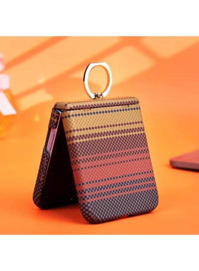 جراب فاخر ذو ملمس مميز مع حامل حلقة معدنية لهاتف Galaxy Z Flip 3 - غطاء حماية قابل للطي فاخر مع حامل حلقة معدنية، بنمط مربعات - بني - Image 1