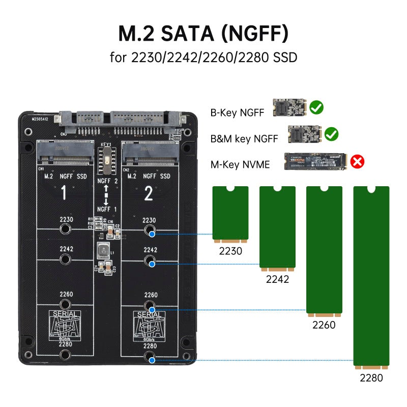 ELUTENG M.2 SATA NGFF to SATA Adapter (Not Support NVME/ M.2 PCIE) 6Gbps Dual NGFF MSATA Adapter B Key/ B&M Key SSD to 2.5" SATA III Converter Adapter Max 4TB Support 2230 2242 2260 2280 SSDs - Image 2