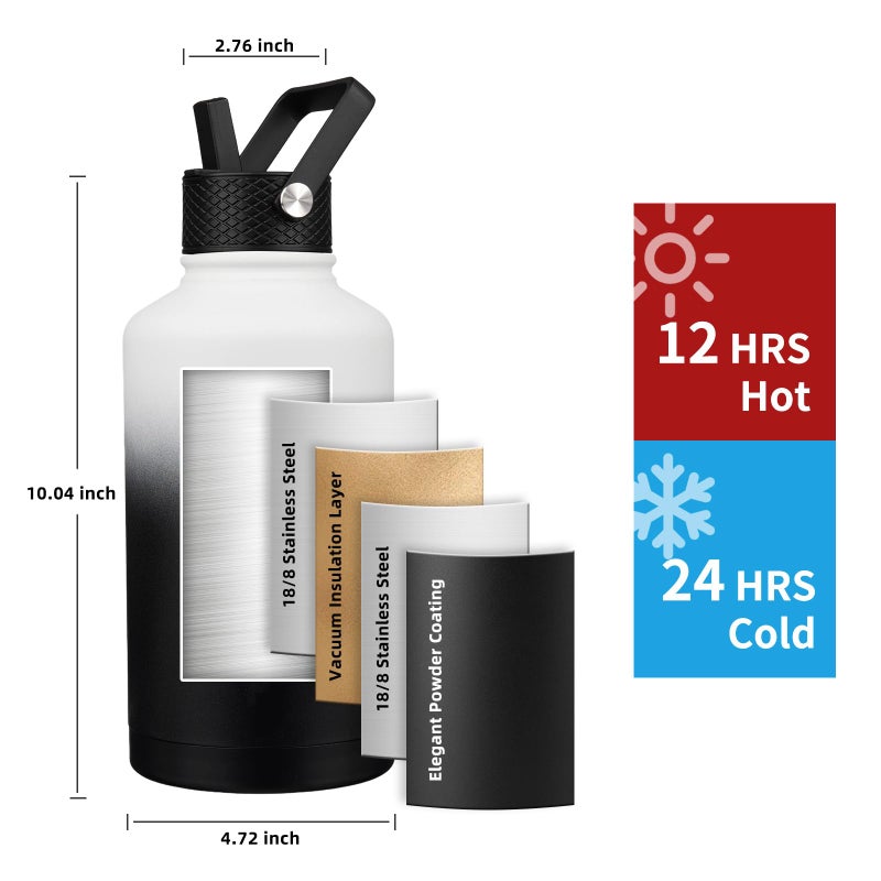 YONICOER Insulated Water Bottle 64oz,Triple Wall Vacuum Stainless Steel(Dishwasher Safe),Leak Proof & Non-BPA,Flask Jug with Paracord Handle & Straw Spout Lids Sports Gradient black - Image 2