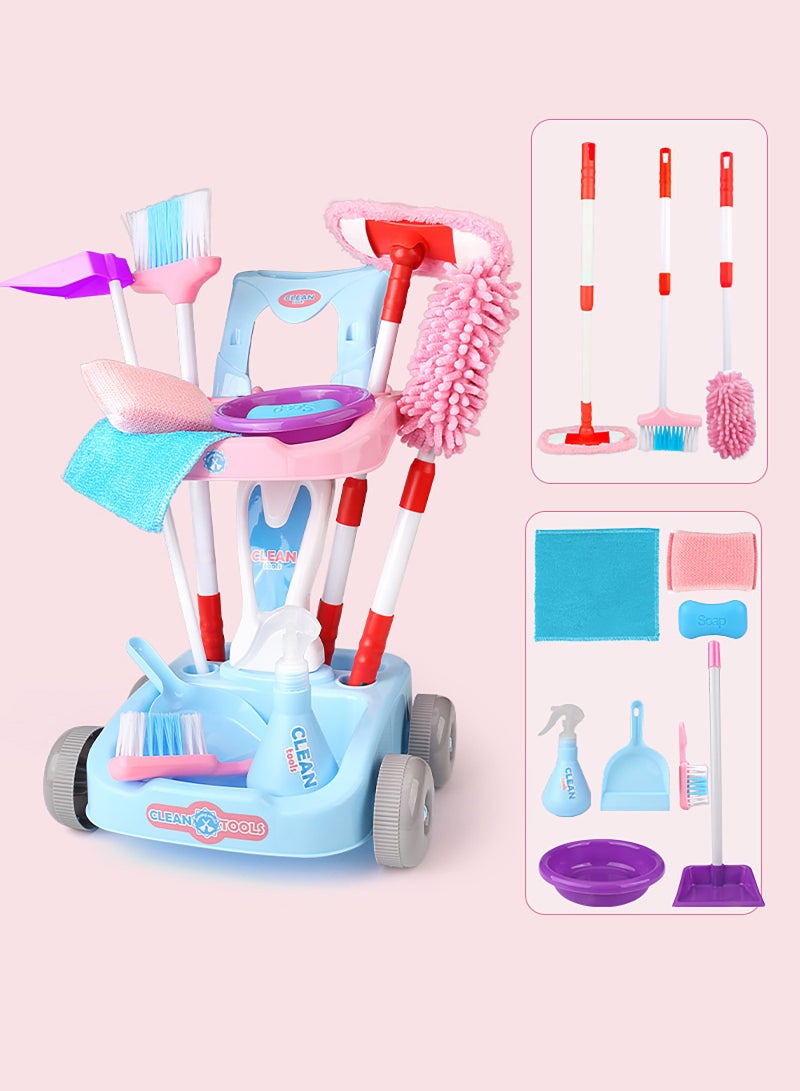 XiuWoo Kids Cleaning Set 12 PCS Pretend Play Detachable Housekeeping Cart with Broom,Dust Pan,Spray Bottle Children House Cleaning Tools Toys,Kids Broom and Mop Set for Ages 3-6,Pink  - Image 1