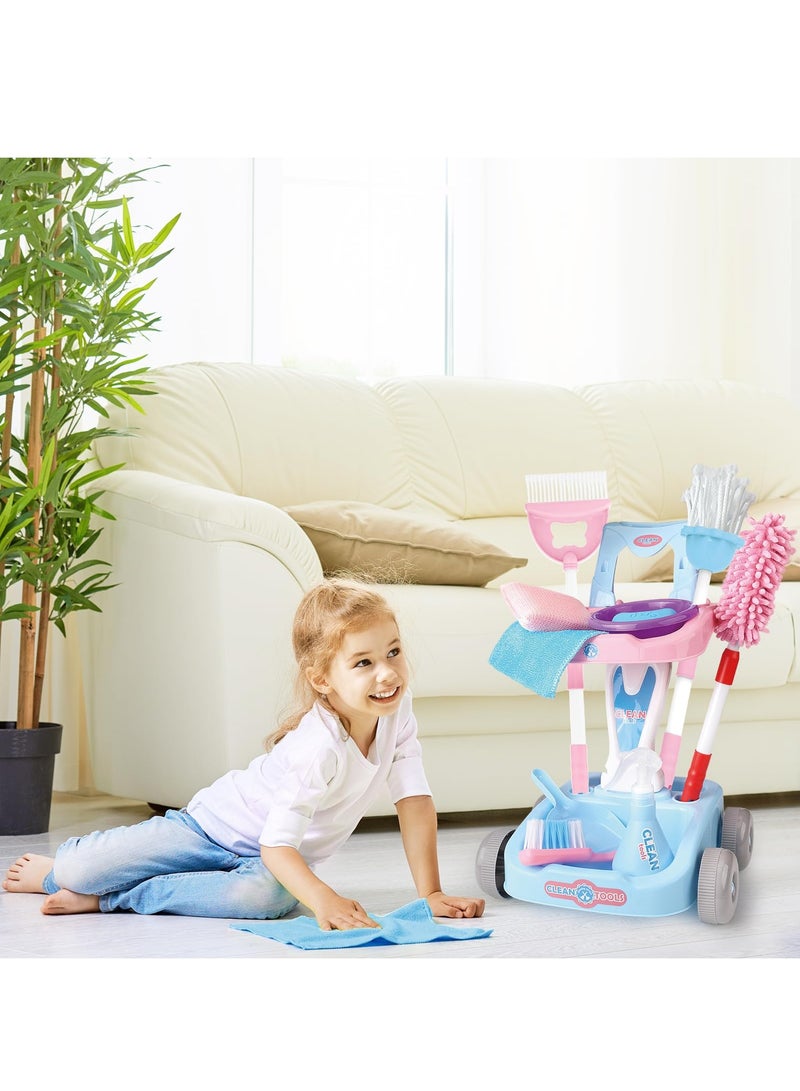 XiuWoo Kids Cleaning Set 12 PCS Pretend Play Detachable Housekeeping Cart with Broom,Dust Pan,Spray Bottle Children House Cleaning Tools Toys,Kids Broom and Mop Set for Ages 3-6,Pink  - Image 3