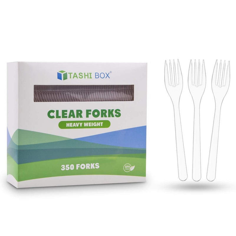 Tashibox 350 Count Extra Heavy Duty Clear Plastic Forks Disposable BPAFree Heat Resistant Solid and Durable Disposable Forks Bulk Premium Plastic Forks heavy duty for Party Supply