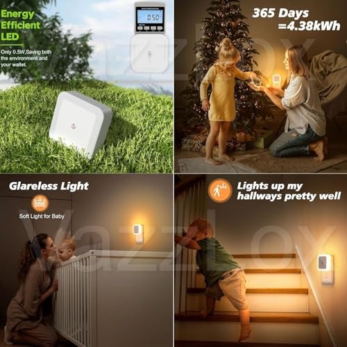 VazzLox Night Lamp for Bedroom 4PCS Smart Sensor Automatic ON/OFF Dim LED Light Energy Saving 0.5W Night Light Long Life Plug in Bed Lamps for Bedroom Lights for Hallway Stairs Kitchen Bathroom (Warm) - Image 4