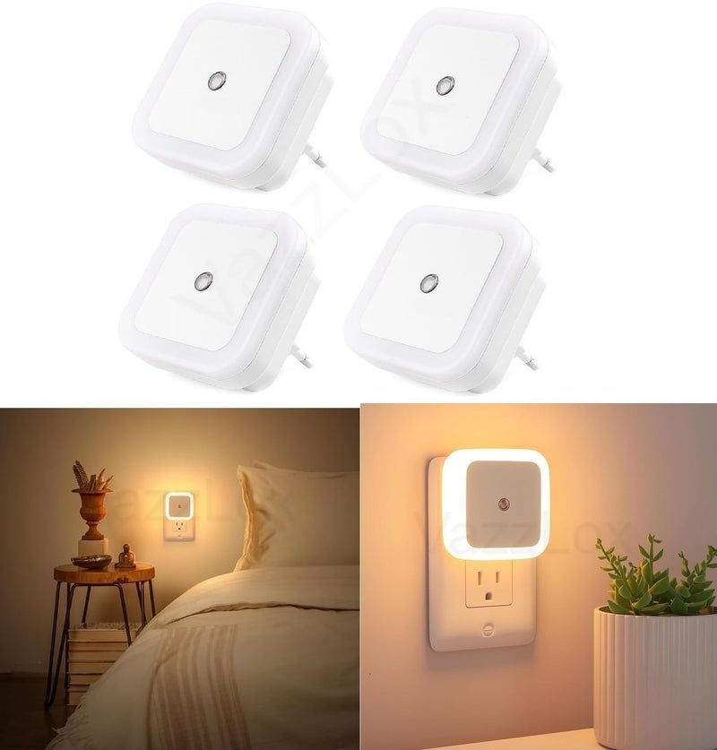 VazzLox Night Lamp for Bedroom 4PCS Smart Sensor Automatic ON/OFF Dim LED Light Energy Saving 0.5W Night Light Long Life Plug in Bed Lamps for Bedroom Lights for Hallway Stairs Kitchen Bathroom (Warm) - Image 1