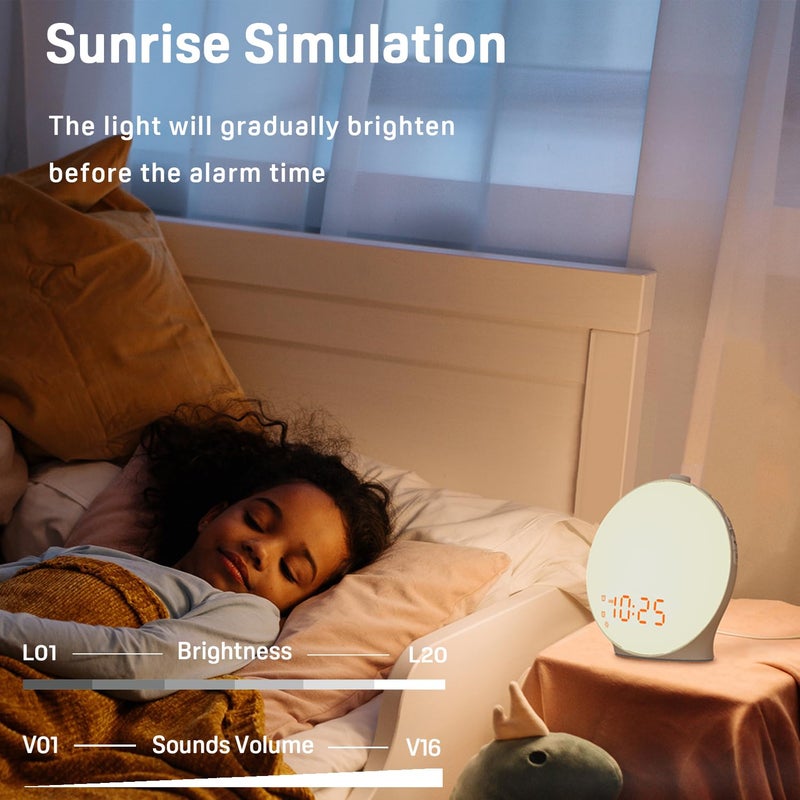 Jall Wake Up Light Sunrise Alarm Clock for Kids, Heavy Sleepers, Bedroom, with Sunrise Simulation, Sleep Aid, Dual Alarms, FM Radio, Snooze, Nightlight, Daylight, 7 Colors, 7 Natural Sounds, Ideal for Gift - Image 3