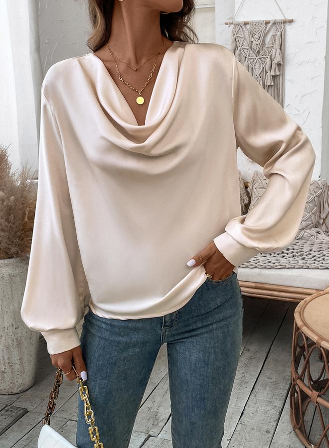 Take Two Beige Satin Cowl Neck Long Sleeve Top - Image 3