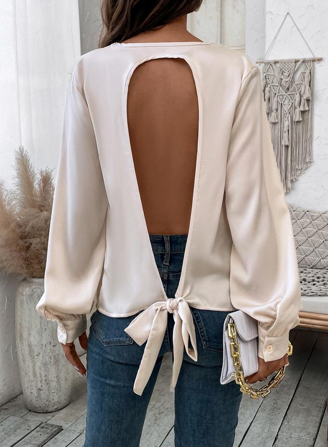 Take Two Beige Satin Cowl Neck Long Sleeve Top - Image 2
