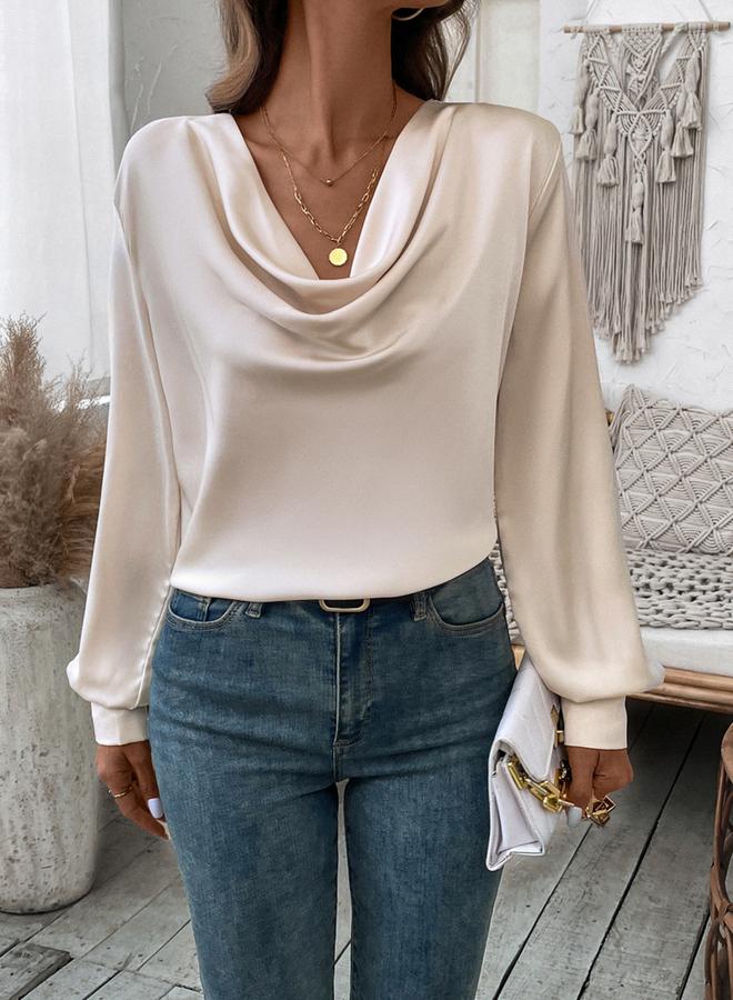 Take Two Beige Satin Cowl Neck Long Sleeve Top - Image 4