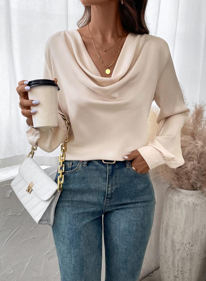 Take Two Beige Satin Cowl Neck Long Sleeve Top - Image 5