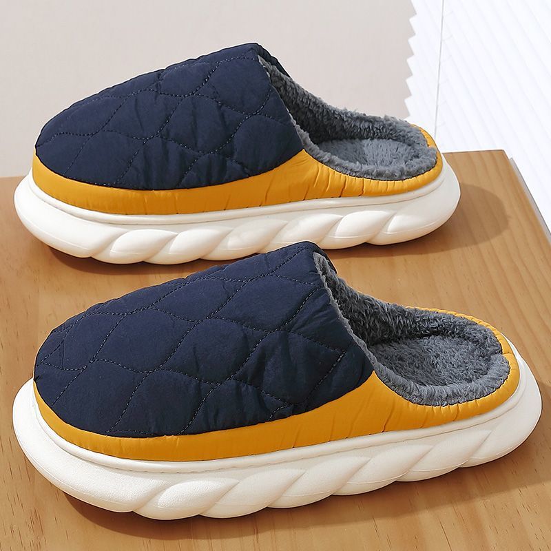 Down cotton slippers mens winter wear non-slip wear deodorant warm indoor home thick plush slippers women Navy blue [casual and fashionable]// down cotton slippers