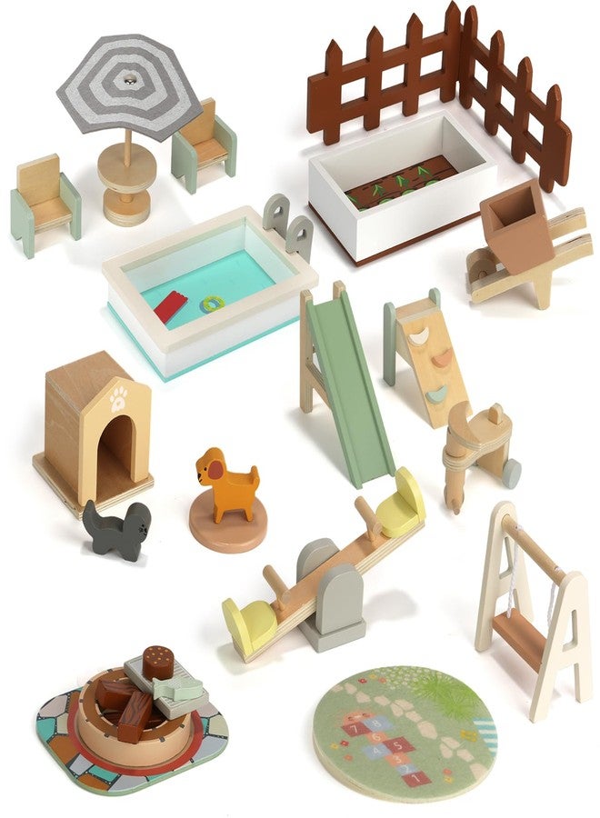 Gserin 26PCS Wooden Dollhouse Furniture Set, Outdoor Miniature Doll House Accessories Playset for Toddlers, Outdoor Scenes Poolside Playground Pretend Play Toy for Kids 3+ - Image 1