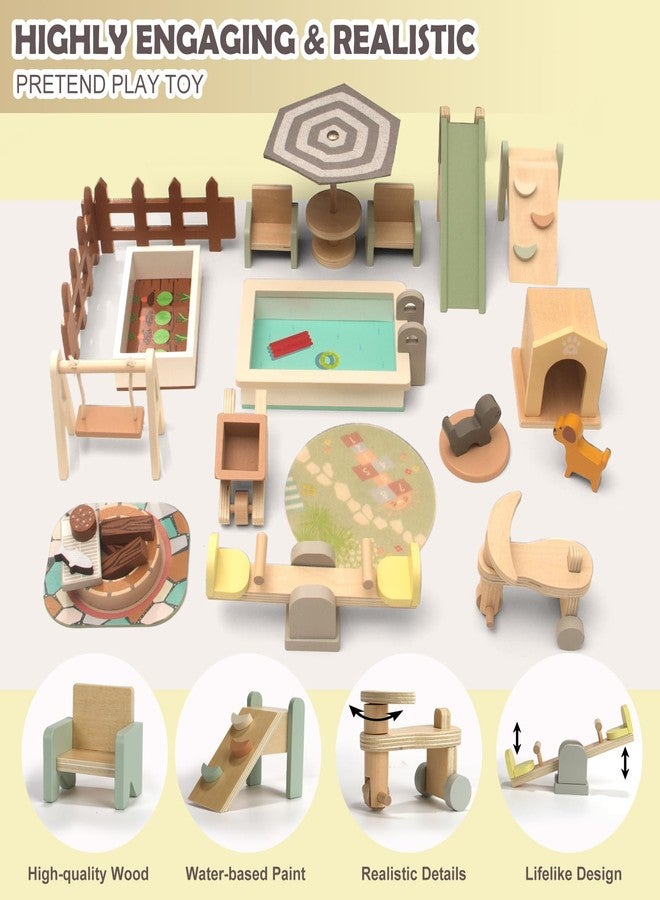 Gserin 26PCS Wooden Dollhouse Furniture Set, Outdoor Miniature Doll House Accessories Playset for Toddlers, Outdoor Scenes Poolside Playground Pretend Play Toy for Kids 3+ - Image 3