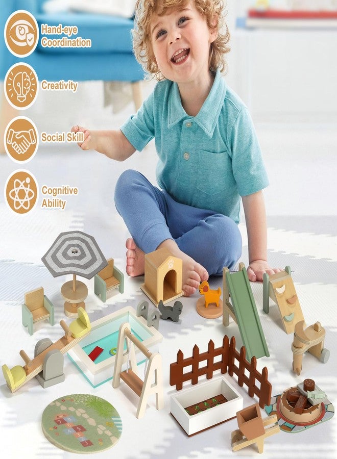 Gserin 26PCS Wooden Dollhouse Furniture Set, Outdoor Miniature Doll House Accessories Playset for Toddlers, Outdoor Scenes Poolside Playground Pretend Play Toy for Kids 3+ - Image 2