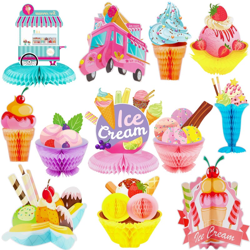 Marspark 12 Pieces Ice Cream Party Decorations Ice Cream Centerpiece Honeycomb Sundae Topper Decoration Ice Cream Cart Centerpiece for Theme Party Birthday Baby Shower Party Supplies