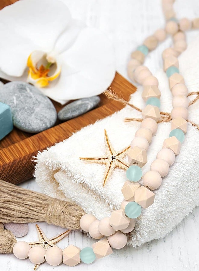 Lemon Wood Bead Garland with Tassels, Geometric Wooden Craft Beads with Aqua Acrylic Beads, Boho Farmhouse Country Rustic Wall Hanging  Tiered Tray Coffee Table Beach Decor - Image 3