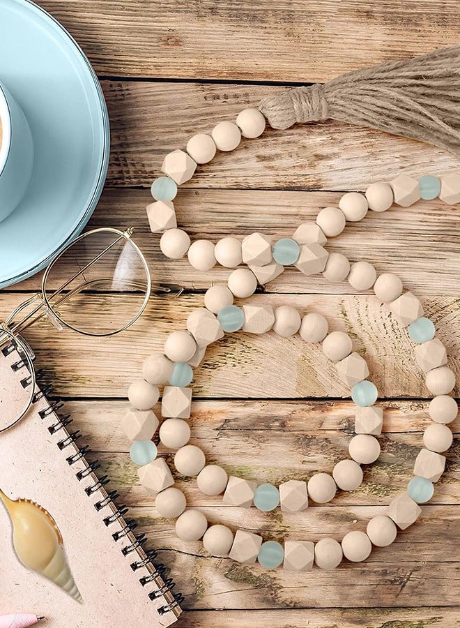 Lemon Wood Bead Garland with Tassels, Geometric Wooden Craft Beads with Aqua Acrylic Beads, Boho Farmhouse Country Rustic Wall Hanging  Tiered Tray Coffee Table Beach Decor - Image 4