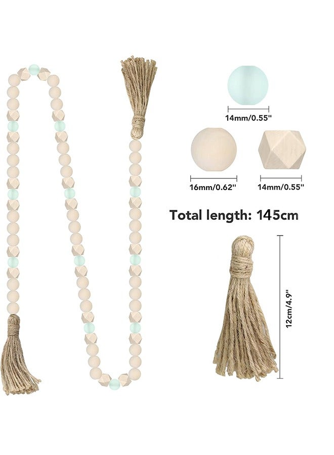 Lemon Wood Bead Garland with Tassels, Geometric Wooden Craft Beads with Aqua Acrylic Beads, Boho Farmhouse Country Rustic Wall Hanging  Tiered Tray Coffee Table Beach Decor - Image 2