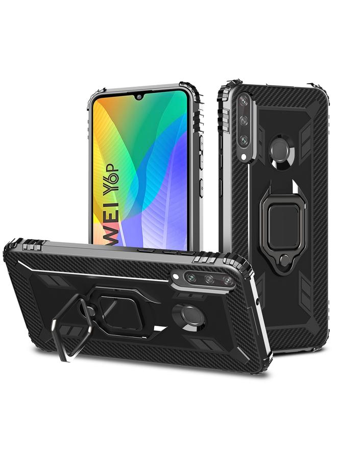 اس-توب جراب لهاتف Huawei Y6p مصنوع من ألياف الكربون مع حامل حلقي دوار 360 درجة - Image 1
