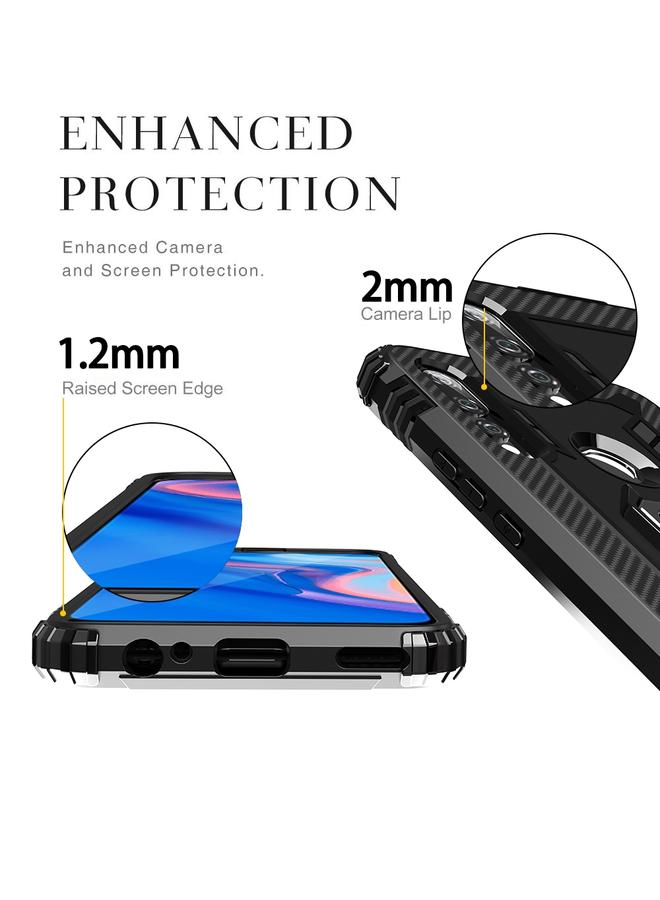 اس-توب جراب لهاتف Huawei Y6p مصنوع من ألياف الكربون مع حامل حلقي دوار 360 درجة - Image 3