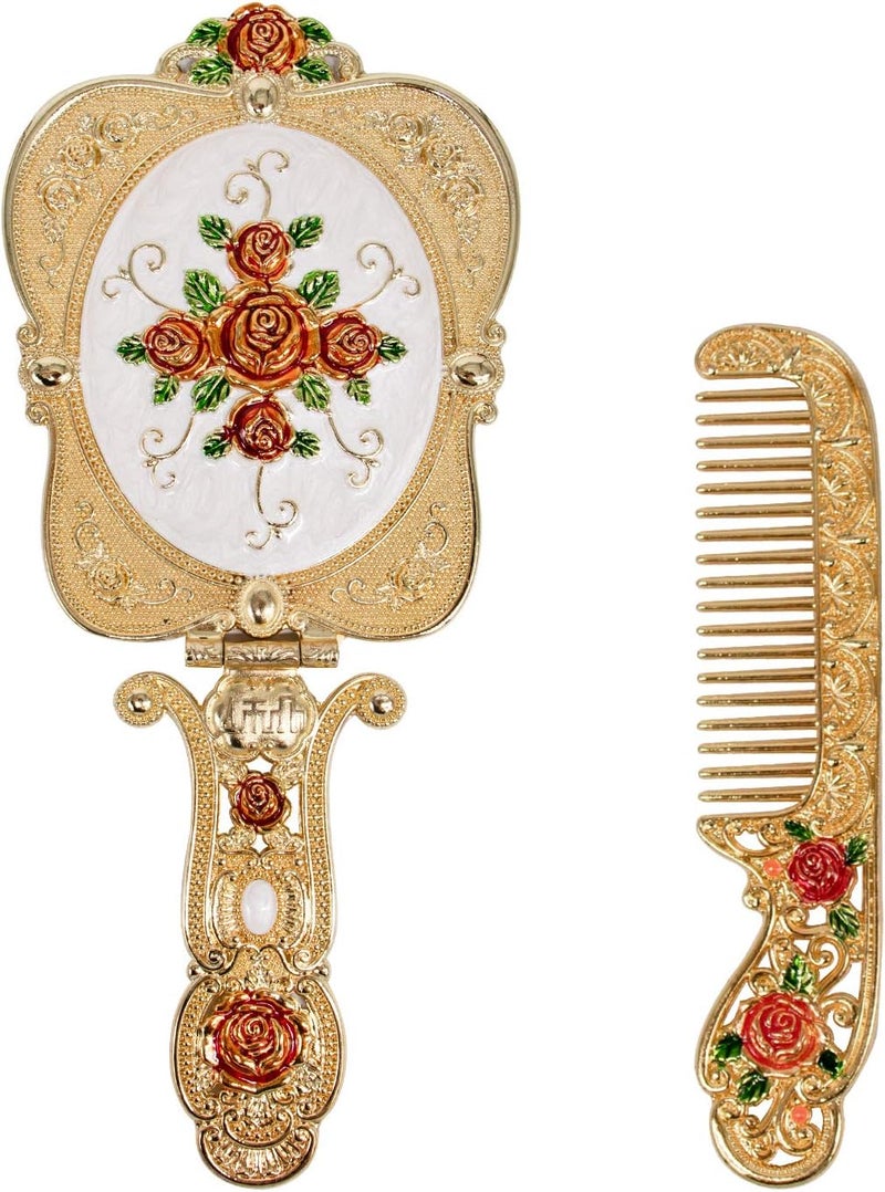YUSONG Vintage Gold Mirror, Metal Antique Hand Mirror Comb Set Handheld Folding Antique Mirror for Travel Embossed Rose Small Vanity Mirror Hand Mirror with Handle Gift for Women (Gold)