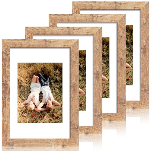 iRahmen 8x12 Picture Frame Set of 4 with High Definition Real Glass, Display 6x8 Pictures with Mat or 8 x 12 Without Mat, Rustic Brown Wood Photo Frames for Tabletop and Wall Mounting - Image 1