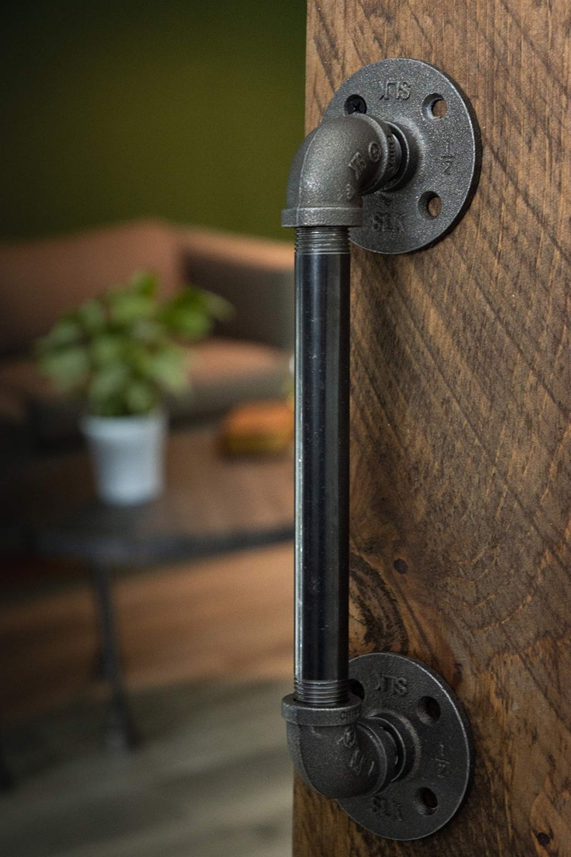 PIPE DECOR Rustic Industrial Pipe Décor Barn Door Handle, 8 inch - Authentic Industrial Steel Grey Iron Fittings, Flanges and Pipes for Custom Vintage Hanging Doors, DIY Kit with Hardware - Image 2