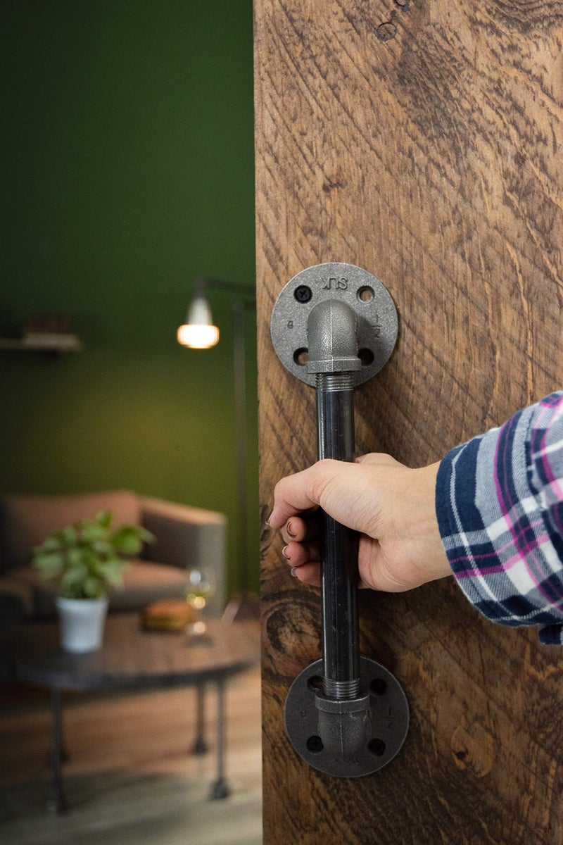 PIPE DECOR Rustic Industrial Pipe Décor Barn Door Handle, 8 inch - Authentic Industrial Steel Grey Iron Fittings, Flanges and Pipes for Custom Vintage Hanging Doors, DIY Kit with Hardware - Image 3