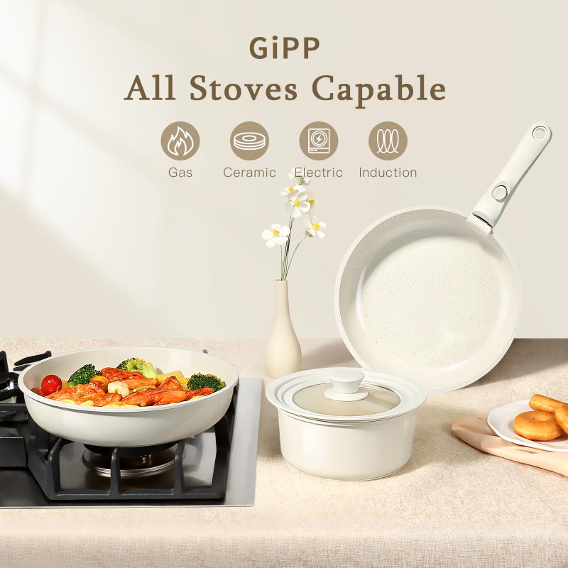 GiPP Ceramic Pots and Pans Set Non Stick, Nonstick Detachable Handle Cookware Sets, Healthy Non Toxic PFAS PFOA & PTFE Free, Dishwasher ï¼†Oven Safe, Induction Kitchen Pot and Pan, 8 Piece Cream - Image 5