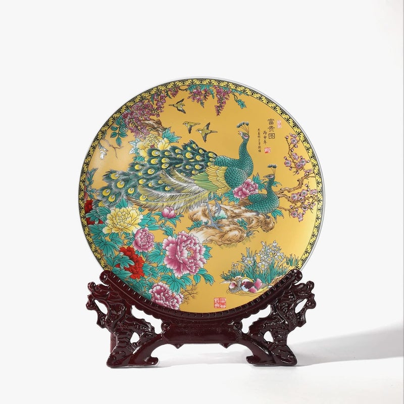 LIYAOLI Decorative Plates for Display,2024 Chinese Classical Colorful Peacock Birds and Peony Flowers Plate Decor Handmade Art Decor for Display Living Room Table - Image 1