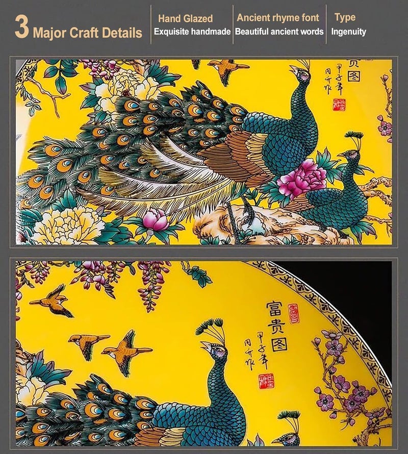 LIYAOLI Decorative Plates for Display,2024 Chinese Classical Colorful Peacock Birds and Peony Flowers Plate Decor Handmade Art Decor for Display Living Room Table - Image 3