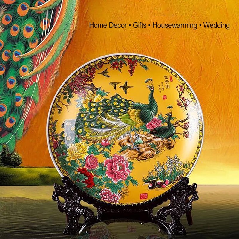 LIYAOLI Decorative Plates for Display,2024 Chinese Classical Colorful Peacock Birds and Peony Flowers Plate Decor Handmade Art Decor for Display Living Room Table - Image 2