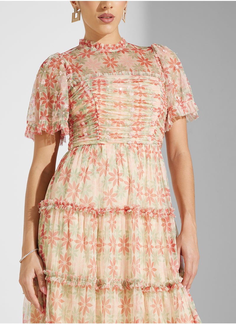 Anaya With Love Printed Tulle High Neck Midaxi Dress With Sequins  - Image 3