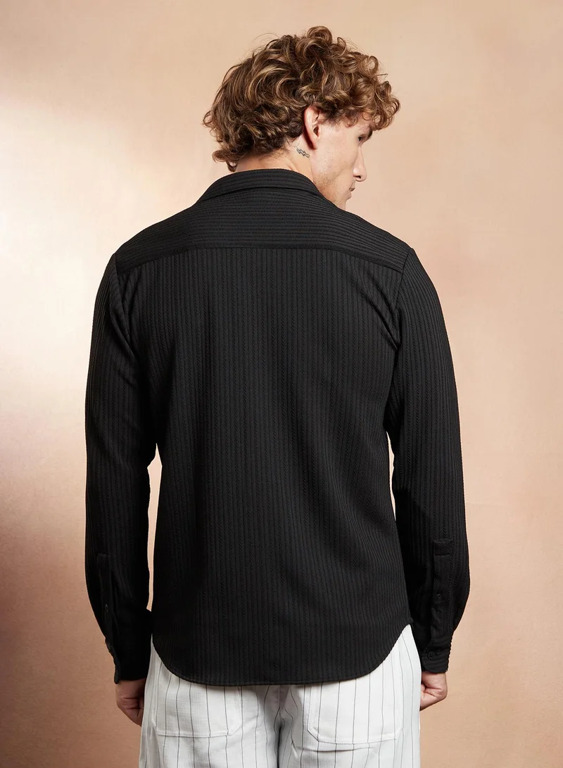 Campus Sutra Campus Sutra Men's Onyx Black Rope-Striped Tactile Shirt For Casual Wear | Spread Collar | Long Cuffed Sleeves | Button Closure | Shirt Crafted With Comfort Fit For Everyday Wear