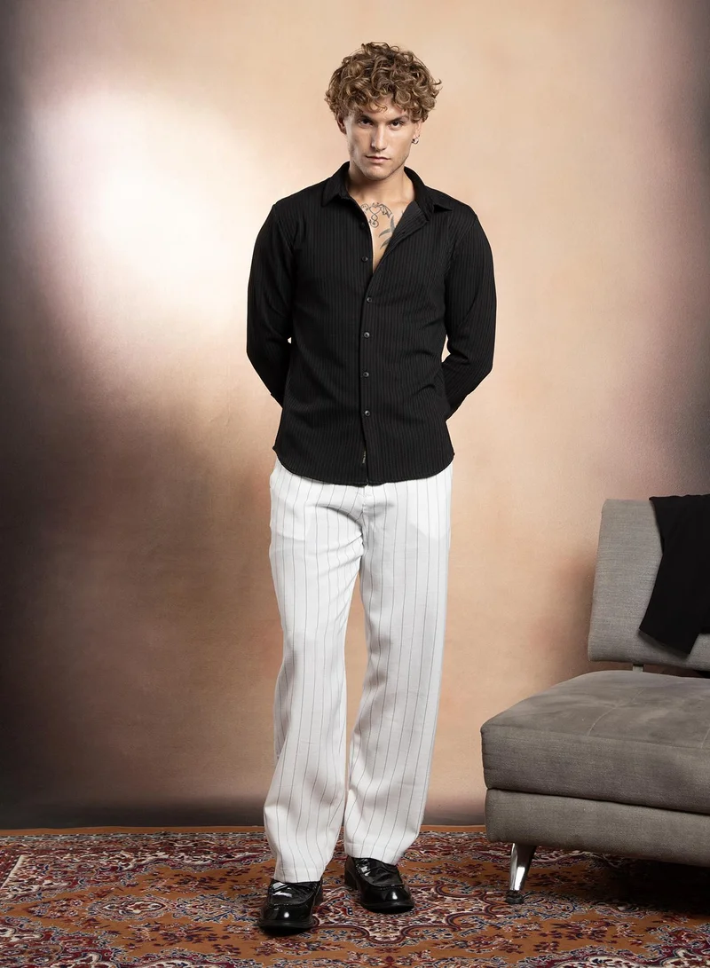 Campus Sutra Campus Sutra Men's Onyx Black Rope-Striped Tactile Shirt For Casual Wear | Spread Collar | Long Cuffed Sleeves | Button Closure | Shirt Crafted With Comfort Fit For Everyday Wear