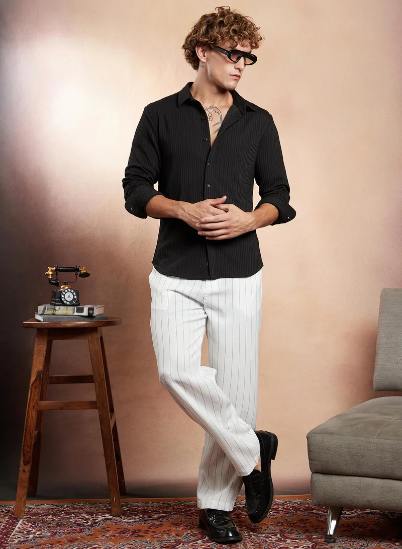 Campus Sutra Campus Sutra Men's Onyx Black Rope-Striped Tactile Shirt For Casual Wear | Spread Collar | Long Cuffed Sleeves | Button Closure | Shirt Crafted With Comfort Fit For Everyday Wear