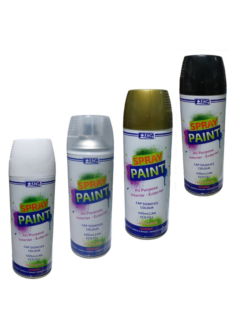 SBC All Purpose Spray Paint 4 Color White & Clear & Gold & Black 400ml  - Image 1