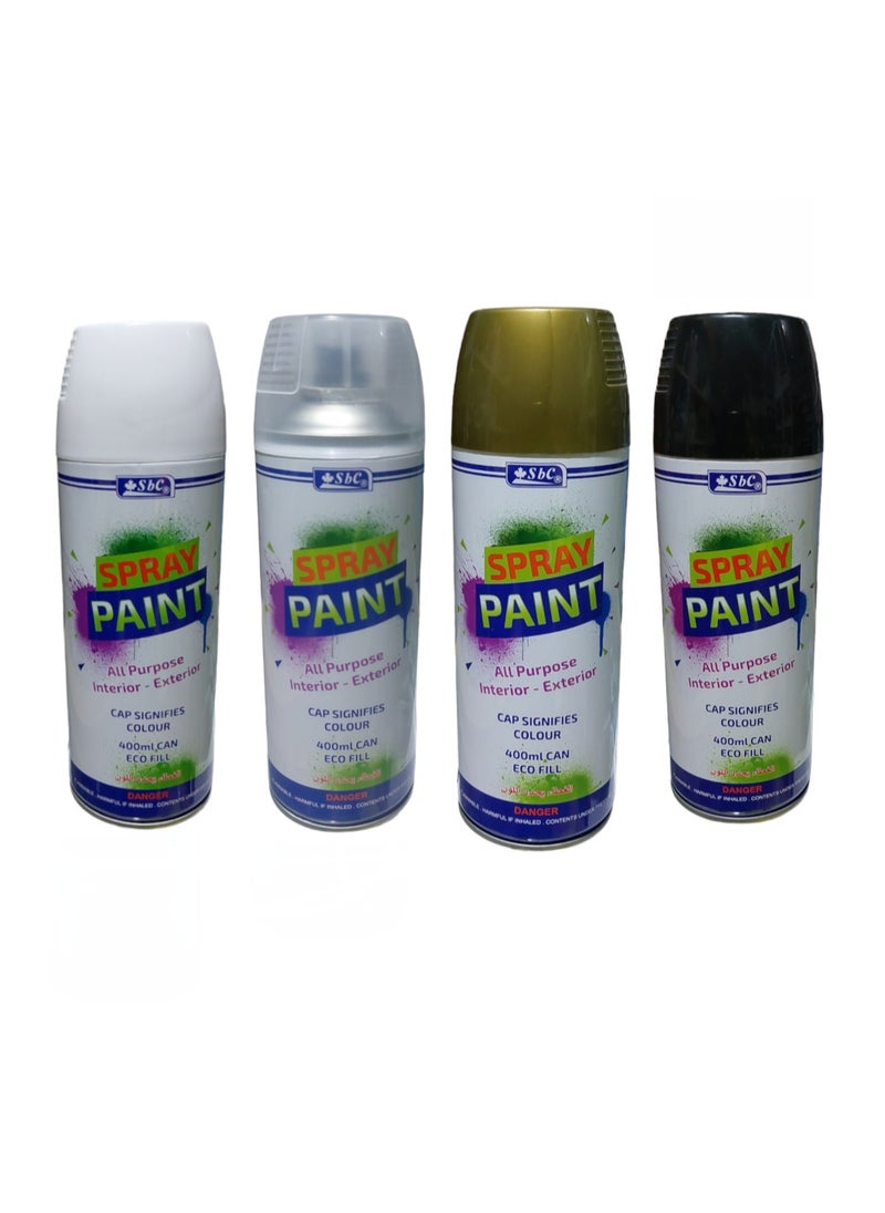 SBC All Purpose Spray Paint 4 Color White & Clear & Gold & Black 400ml  - Image 2