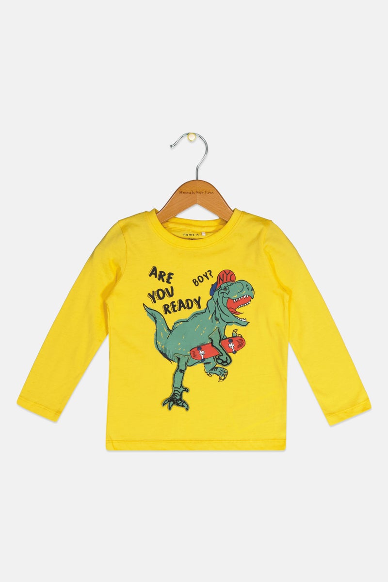 NAME IT تي شيرت طويل الأكمام مطبوع للأطفال الأولاد، أصفر - Image 1