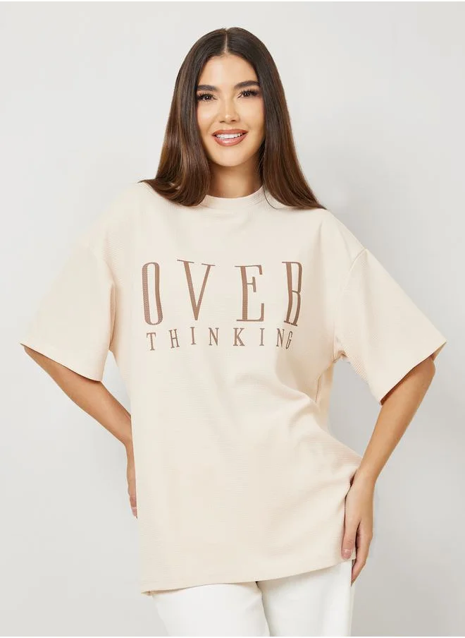 ستايلي Oversized Textured Contrast Slogan Print Drop Shoulder T-Shirt