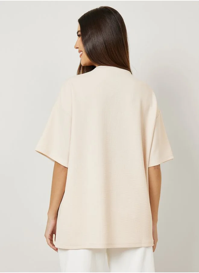 Styli Oversized Textured Contrast Slogan Print Drop Shoulder T-Shirt